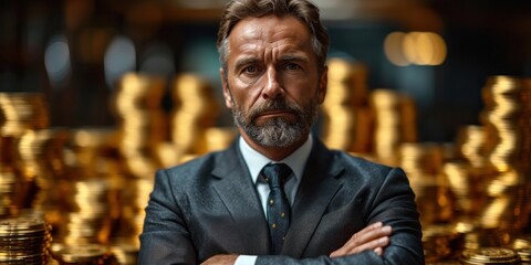 Portrait of a successful businessman holding cash and coins, representing wealth and financial...