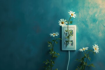 Digital generated image of flowers growing from electric plug socket shoving evolution process. Sustainable energy concept.