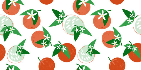 Seamless pattern with abstract fruits oranges. Food print with citruses, flowers and leaves. Vector graphics.