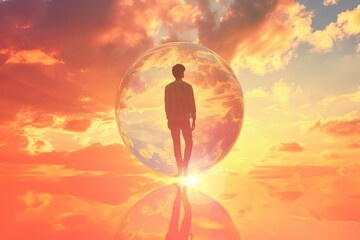 Digital generated image of young man skin standing inside glass sphere on sunset sky.