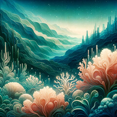 Fototapeta na wymiar Celestial Ocean Canyons, An artistic rendering of undersea canyons with a celestial atmosphere.