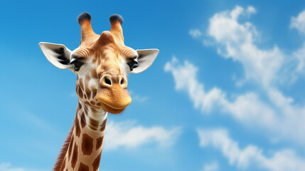 Giraffe close up isolated on blue sky background