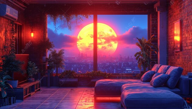 animated virtual backgrounds, stream overlay loop, interior, cozy futuristic living room at sunset, vtuber asset twitch zoom OBS screen, chill anime lo-fi hip, generative ai.