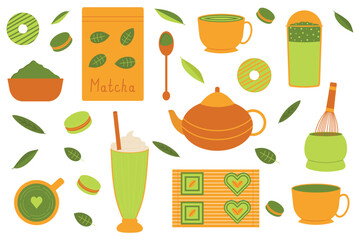 Matcha tea. Set of elements for the tea ceremony of preparing matcha with desserts. Vector illustration, EPS 10.