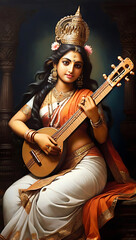 Vector illustration of Saraswati, goddess of wisdom for auspicious Vasant Panchami.  Ai Generated