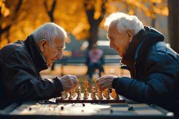Elderly best friends playing chess in public park, having fun together.  - obrazy, fototapety, plakaty