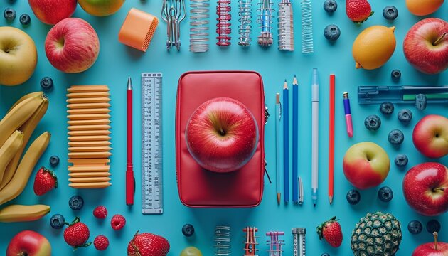 Animation of school supplies and an apple and numbers on blue background,minimalism ,generative ai