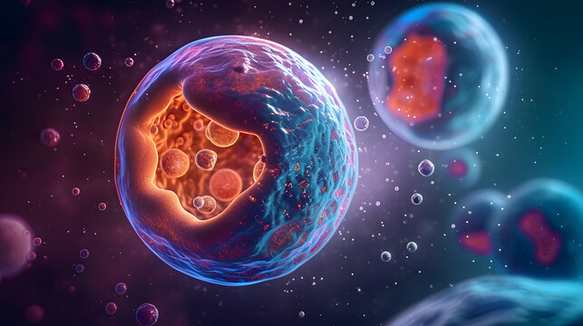 Human cell. Embryonic stem cell microscope. Components of Eukaryotic cell, nucleus and organelles and plasma membrane. Medicine, microbiology, dna, molecule