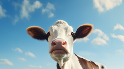 Close up cow on blue sky background