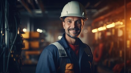 Portrait of male engineer worker wearing safety uniform, electrician - obrazy, fototapety, plakaty