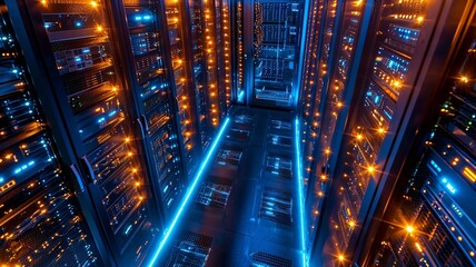Fototapeta na wymiar bird's-eye view, array of secure servers in a data center, top view in room, industrial area, evening, LED lights, secure, Drone Camera, generative ai.