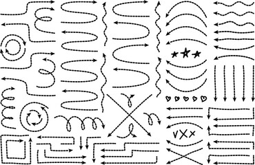Dot arrow dash line trace. Broken stroke with angle, wavy, curved and spiral shapes. Circle loop and arched round doodle thin swirls. Travel map direction pointer set.