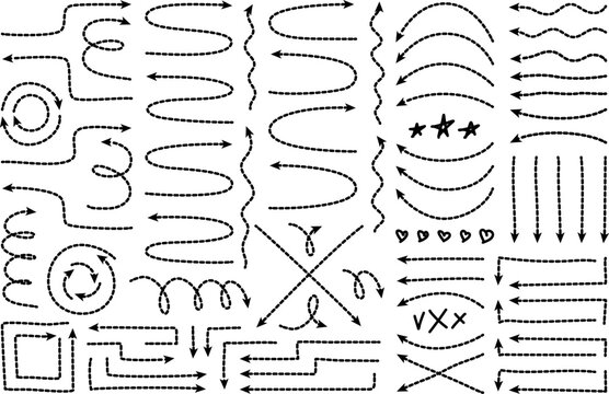 Dot arrow dash line trace. Broken stroke with angle, wavy, curved and spiral shapes. Circle loop and arched round doodle thin swirls. Travel map direction pointer set.