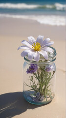 A Captivating Nigella Flower Jar Amidst Beach Serenity AI GENERATED
