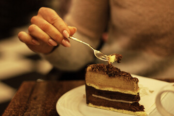 piece of chocolate cake on a white plate female hand holding a fork