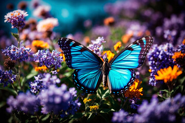 Blue butterfly flying over flowers