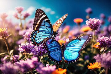 Blue butterflies fly over flowers in the garden