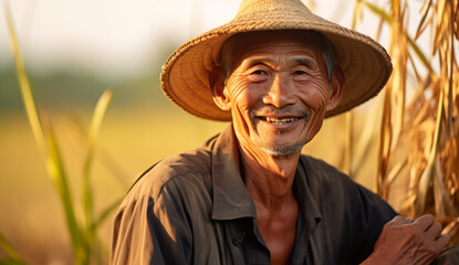 Asian farmer man is smiling out of the field. Agriculture, fair trade, ethics, world produce. Rice fields, The Next Generation of Farmers - obrazy, fototapety, plakaty