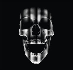 Vector line art of a 3D skull with spooky lighting from below. Frontal view, white vertical lines on a black background. Perfect for Halloween and easy graphic portrayal.