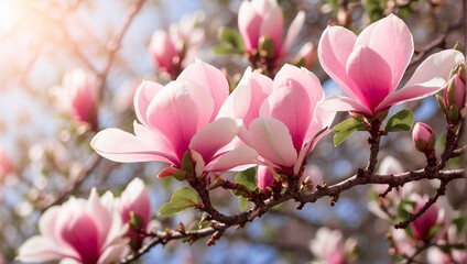 Obraz premium Close-up of a blooming magnolia branch against a blue clear sky