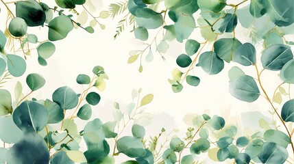 Frame of eucalyptus branches and green and gold leaves in watercolor technique, isolated on a white background. lie flat, space for text - obrazy, fototapety, plakaty