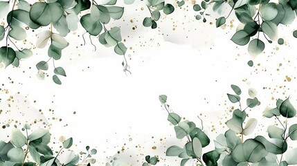 Frame of eucalyptus branches and green and gold leaves in watercolor technique, isolated on a white background. lie flat, space for text - obrazy, fototapety, plakaty