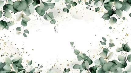 Fotobehang Frame of eucalyptus branches and green and gold leaves in watercolor technique, isolated on a white background. lie flat, space for text © DZMITRY