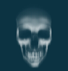 Vector line art skull vector illustration. Spooky lighting from bellow. Frontal view of human skull made by white vertical lines on dark green background.
