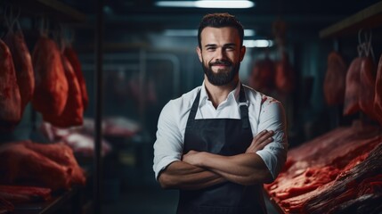Portrait of handsome professional male butcher wear uniform, ready to start work - Powered by Adobe