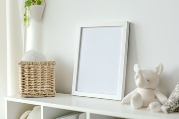 simple minimalist frame mockup poster hanging on the white wall with plant decoration.