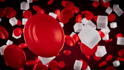 Red blood cells with sugar inside a vein. 3D animation of sugar cubes and blood cells causing raised blood sugar and diabetes.