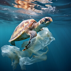 Fototapeta premium Turtle stuck in plastic