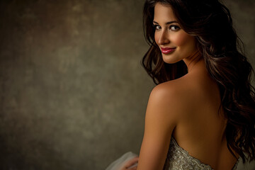 Fototapeta premium captivating woman in a figure-hugging evening gown, her hair cascading down her back