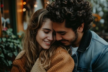 Fototapeta premium Beautiful romantic couple is having rest in the city. Enjoying the company of each other.