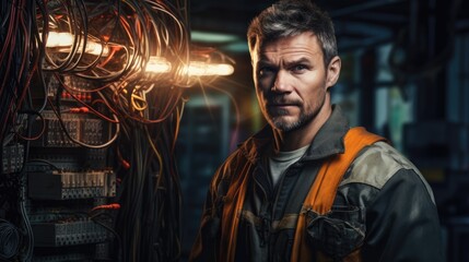 Portrait of male engineer worker wearing safety uniform, electrician