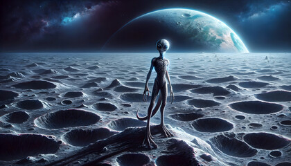An alien standing on the moon's surface, with the Earth visible in the distant sky