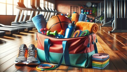 gym gym bag with towels and sports equipment - Powered by Adobe