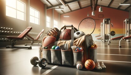 gym bag with dumbbells and game balls in the gym