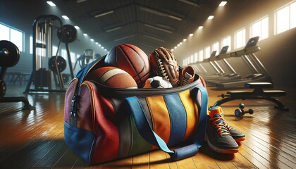 a sports bag and sports equipment on the background of a sports hall with balls