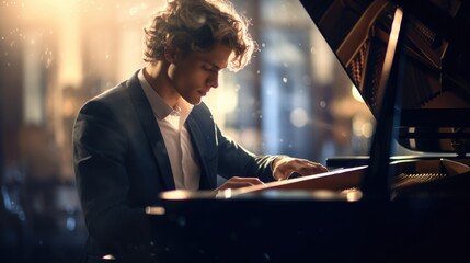 Young musician playing grand piano on a stage of a huge concert hall.