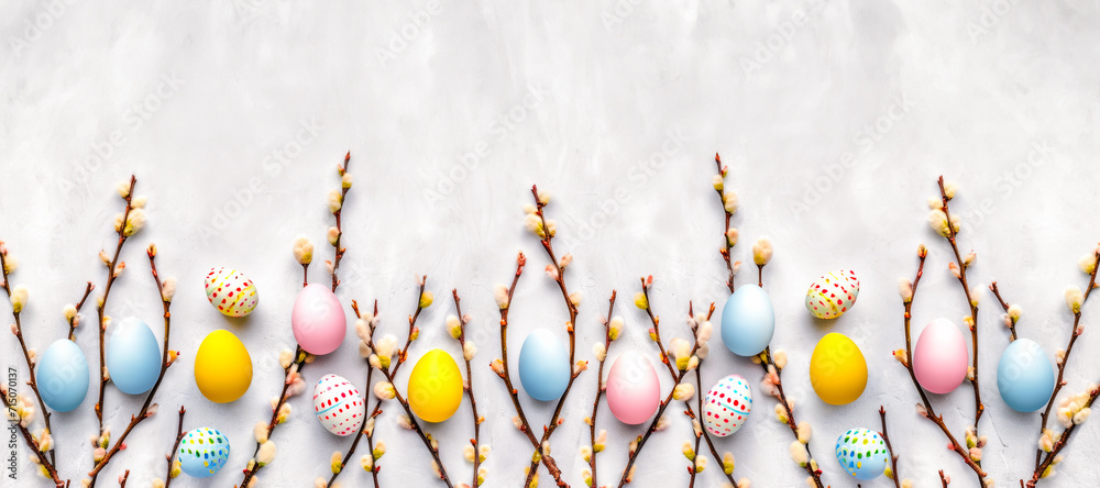 Wall mural easter eggs in soft pastels among pussy willow branches on a white surface. - Wall murals