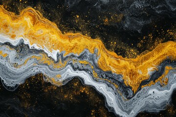 Abstract hand painted black and white with gold background, close-up of acrylic painting on canvas, wallpaper, texture.