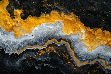 Obraz premium Abstract hand painted black and white with gold background, close-up of acrylic painting on canvas, wallpaper, texture.