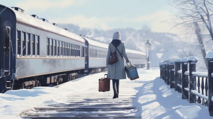 Winter snowy scene of woman walking down snowy train station platform with suitcase 