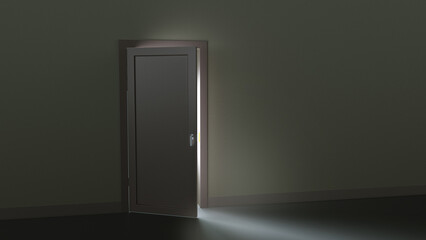 3D illustration а bright light shines from a slightly open door in the darkness.

