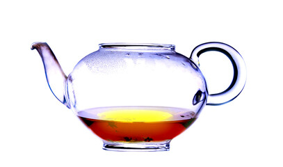 Old gass teapot with brewed black tea on white isolated background. Realistic teapot or tea pot. 