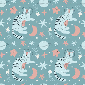 Seamless space cat pattern. Cute sleeping cat in a spacesuit, planets and stars. Children's pattern for clothes, wallpaper, packaging, bed linen