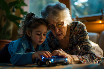 grandmother and her granddaughter playing with a toy robot