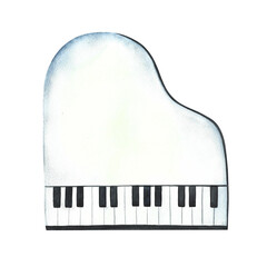 The piano is white, top view. The watercolor illustration is hand-drawn. Isolate. For posters, flyers and invitation cards. For banners and postcards. For logos, badges, stickers and prints.