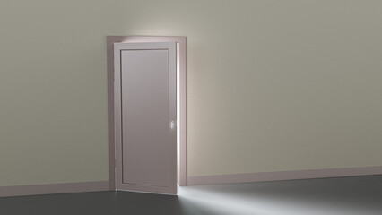 3D illustration  а bright light shines from a slightly open door .